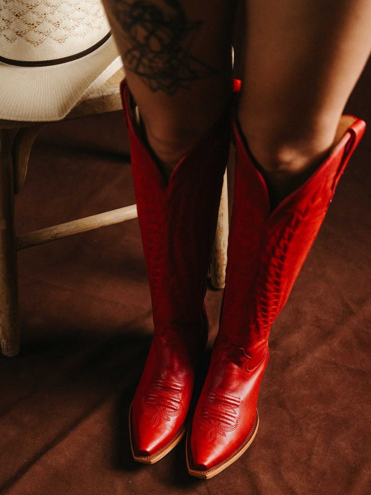 Red Embroidery Snip-Toe Half Zip Cowgirl Mid Calf Western Tall Boots