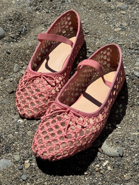 Pink Almond-Toe Straw-Woven Elastic Bridge Strap Bow Mesh Ballet Flats