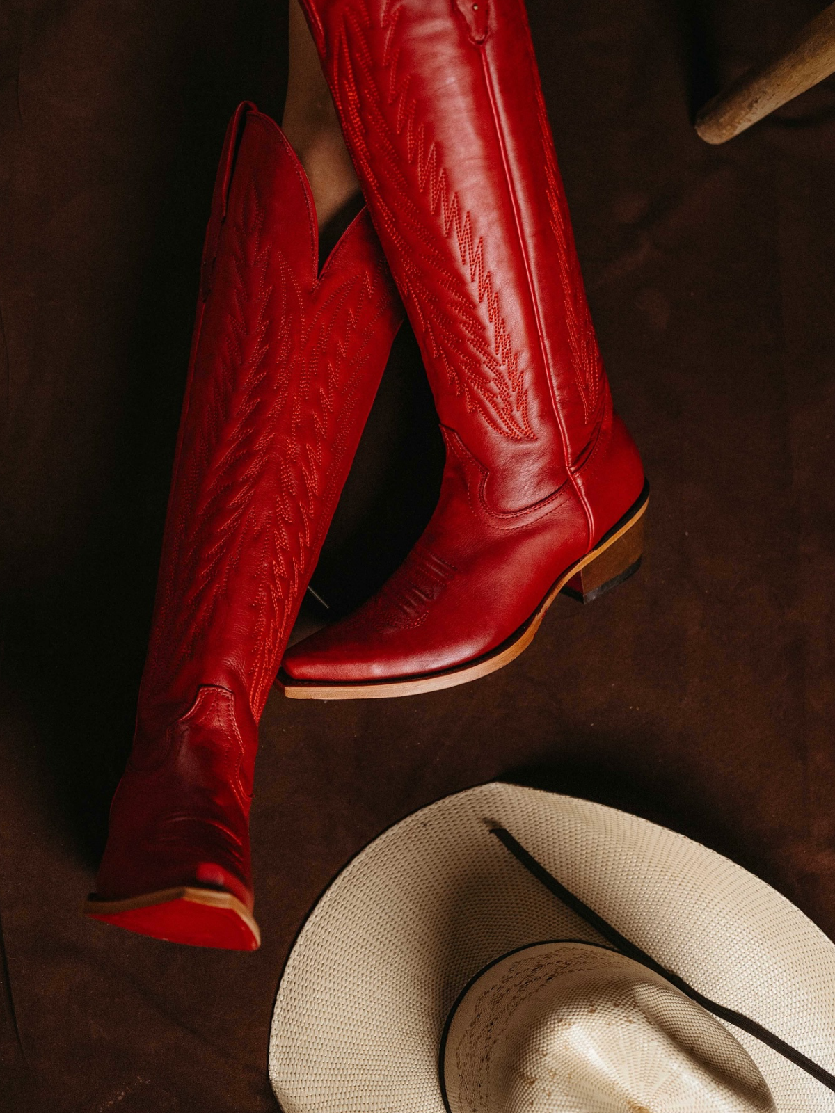 Red Embroidery Snip-Toe Half Zip Cowgirl Mid Calf Western Tall Boots