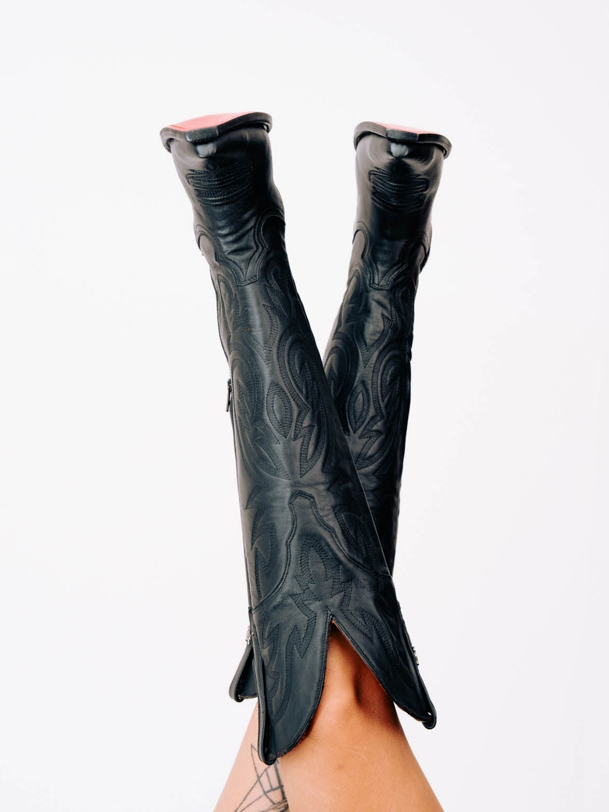 Black Snip-Toe Western Embroidery Half-Zip Knee High Cowgirl Boots