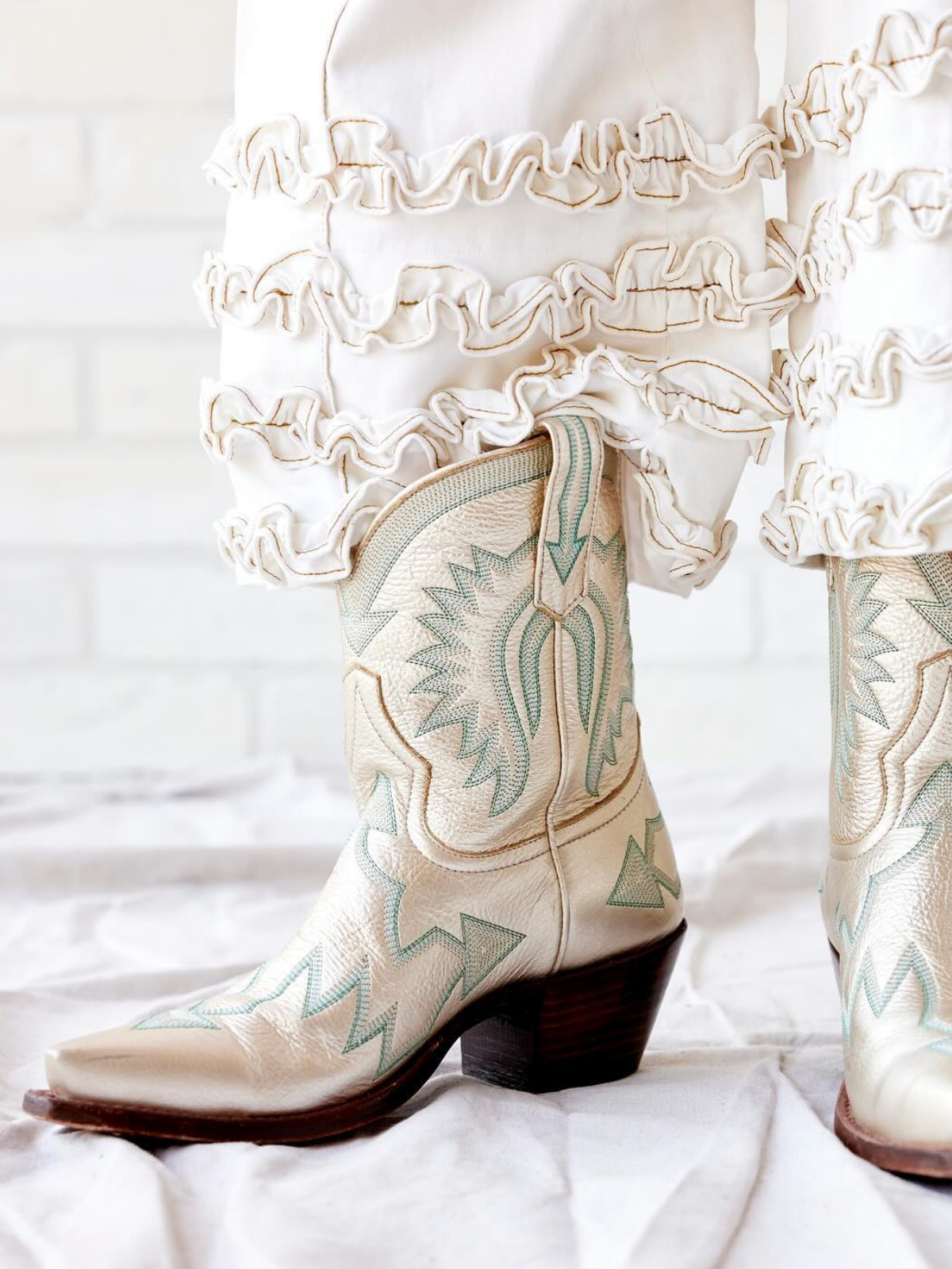 Metallic Embroidery Snip-Toe Wide Mid Calf Cowgirl Boots - Light Champagne