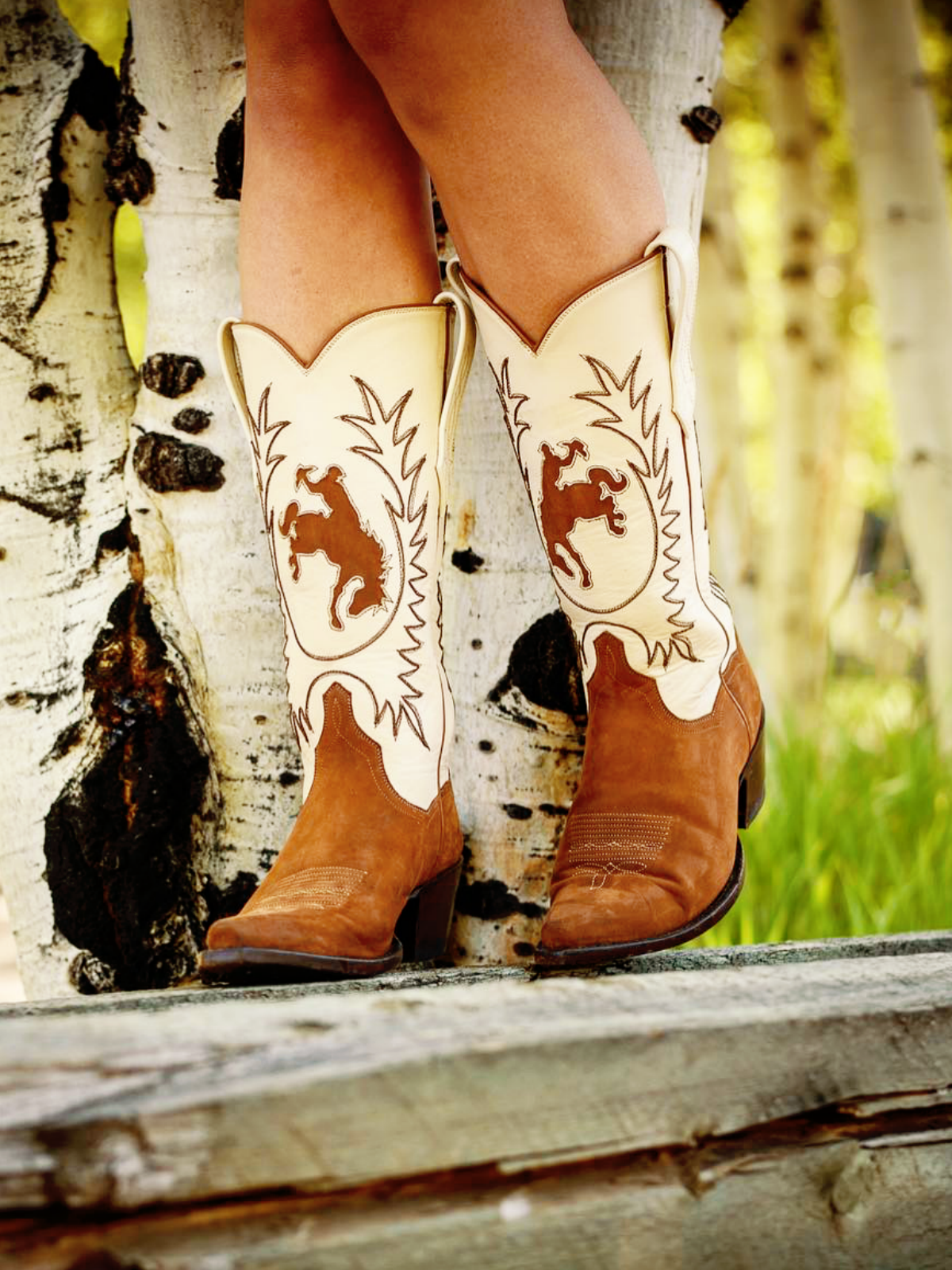 Contrast Cream And Brown Snip-Toe Embroidery Cowboy Inaly Wide Mid Calf Tall Cowgirl Boots