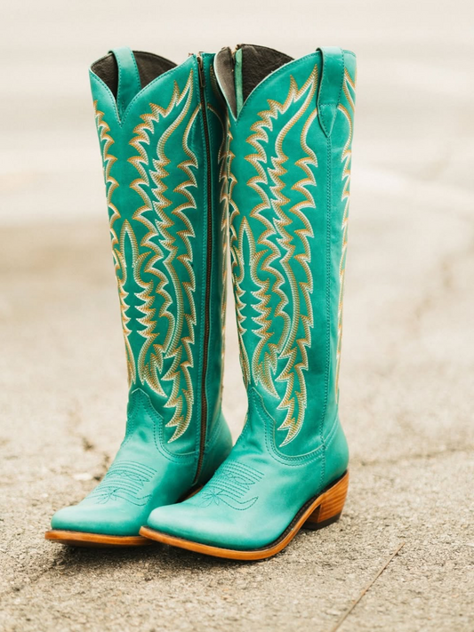 Full-Zip Almond-Toe Classic Embroidery Tall Knee High Cowgirl Boots - Green