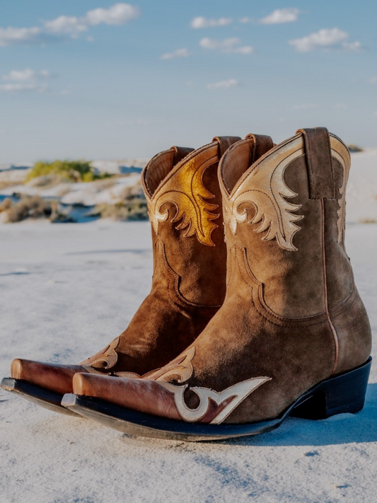 Brown Faux Suede Snip-Toe Metallic Gold Applique Wide Mid Calf Cowgirl Boots