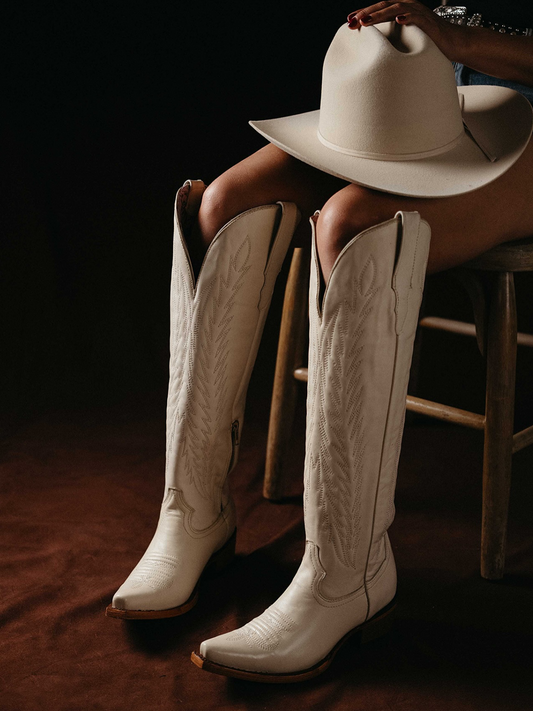 Ivory Snip-Toe Embroidery Tall Half-Zip Knee High Cowgirl Boots