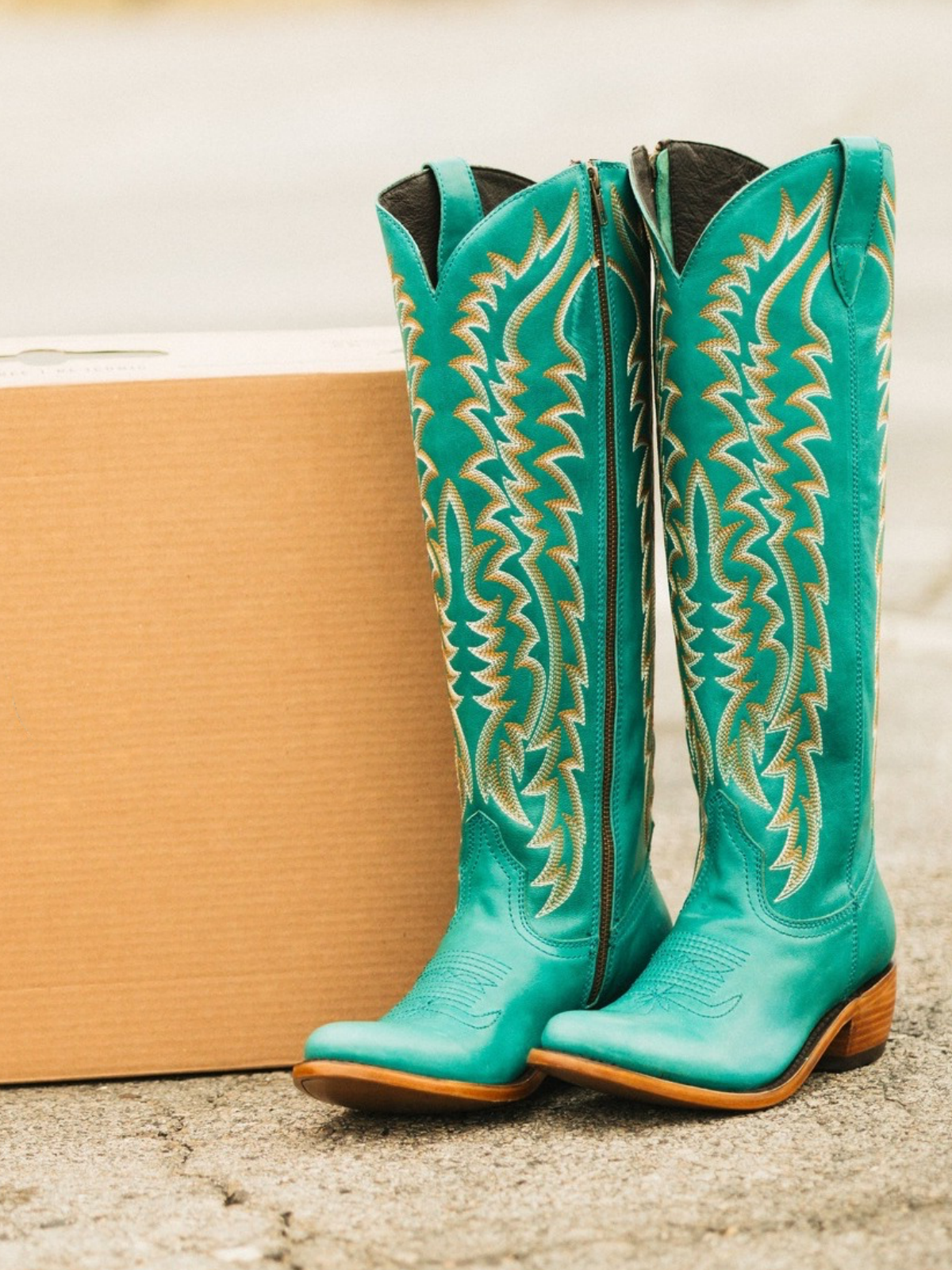 Full-Zip Almond-Toe Classic Embroidery Tall Knee High Cowgirl Boots - Green