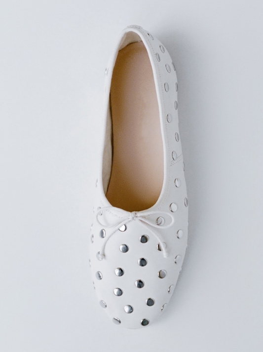 White Almond-Toe Bow Ballet Flats With Silver Studs