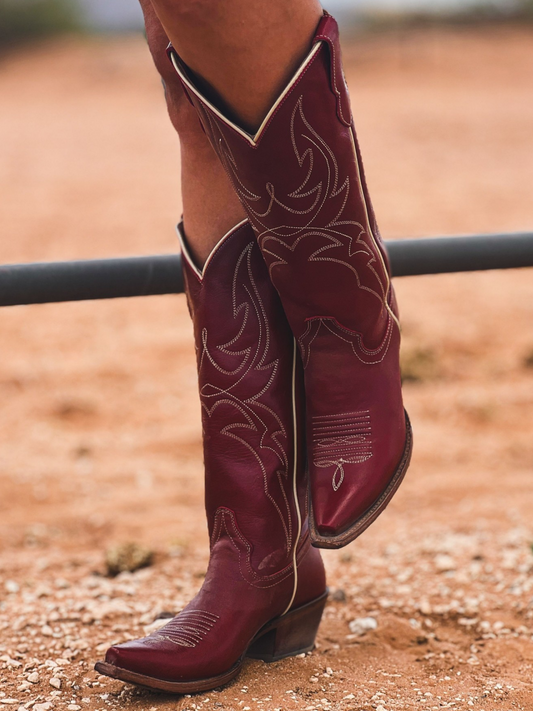 Brick Red Snip-Toe Embroidery Wide Mid Calf Tall Cowgirl Boots