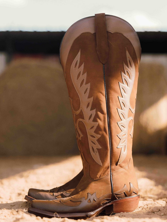 Copper Snip-Toe Eagle Applique Half-Zip Knee High Tall Cowgirl Boots