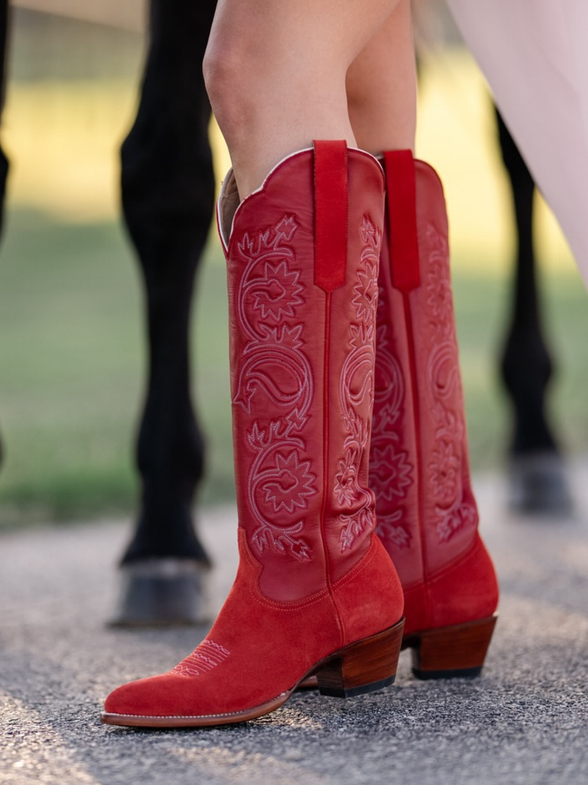 Red Floral Embroidery Faux Suede Almond-Toe Wide Calf Cowgirl Boots Knee High Tall Boots