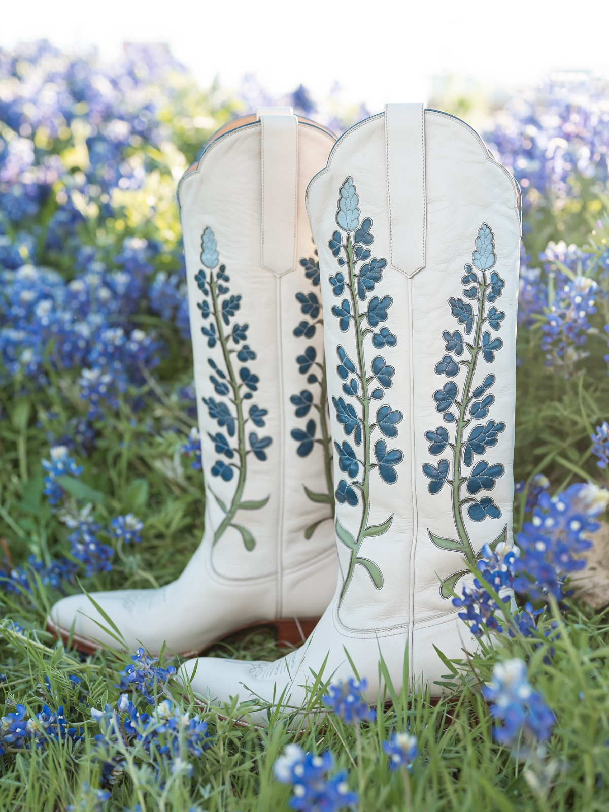 Ivory Almond-Toe Bluebonnet Inlay Wide Calf Tall Knee High Cowgirl Boots