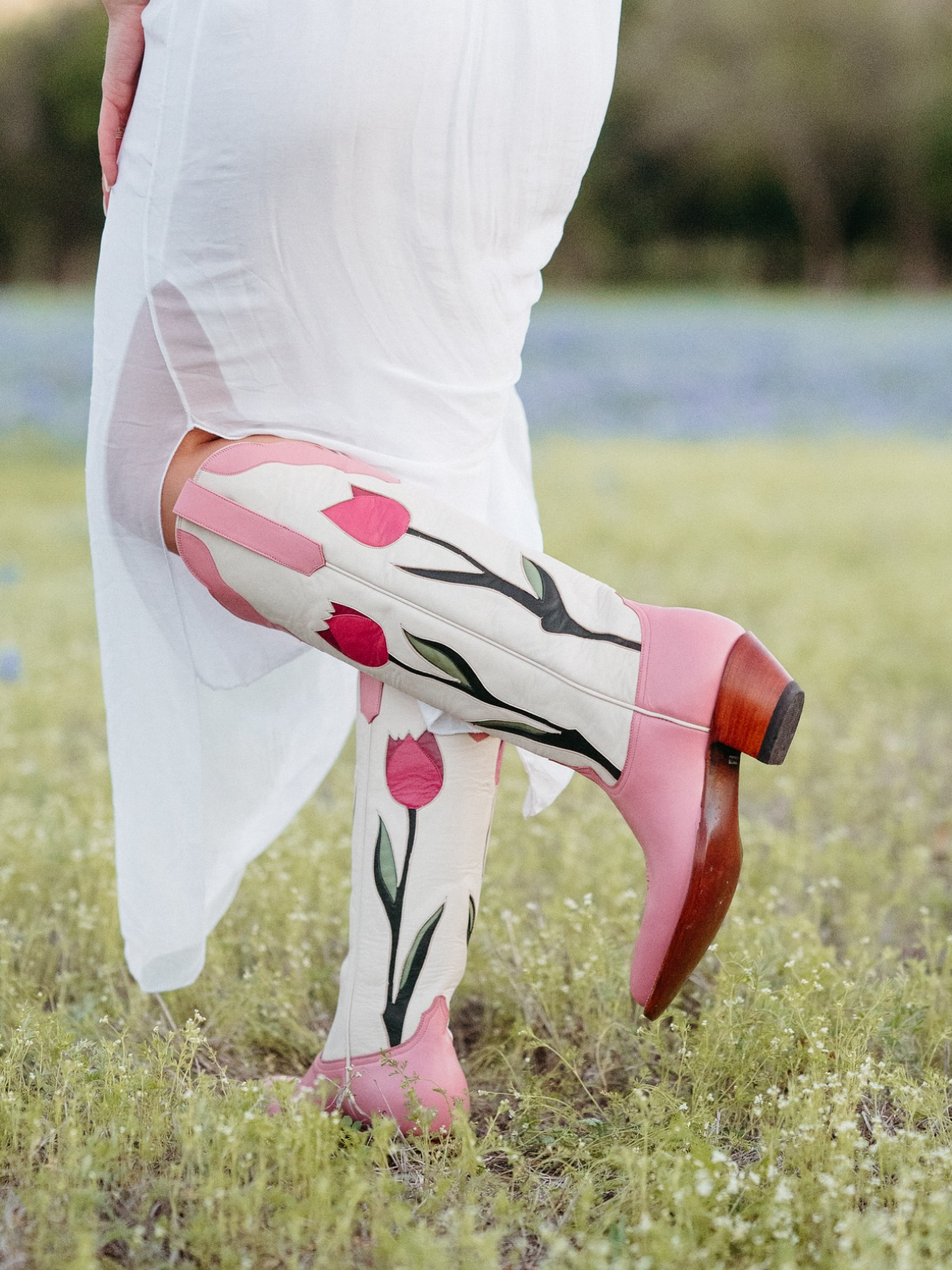 Contrast Pink And Ivory Almond-Toe Tulip Inlay Wide Calf Knee High Cowgirl Boots