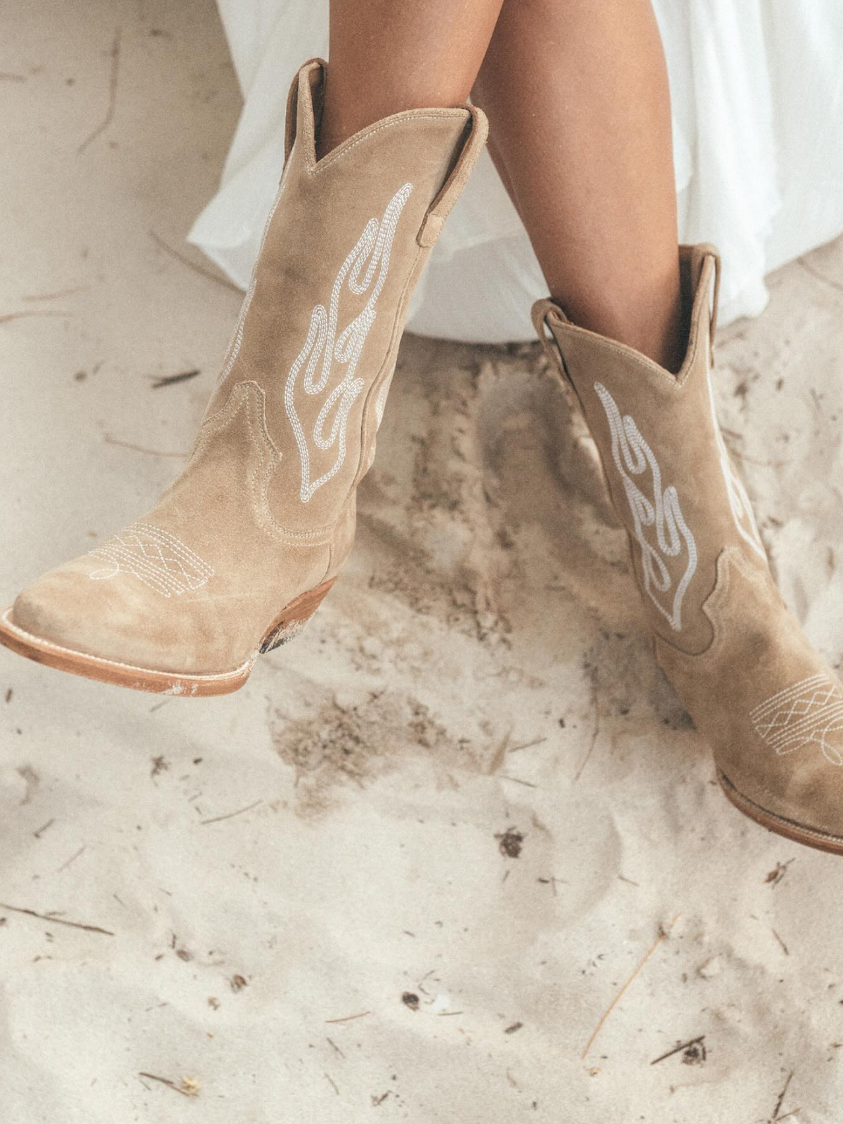 Flame Embroidery Faux Suede Snip-Toe Wide Mid Calf Tall Cowgirl Boots - Tan