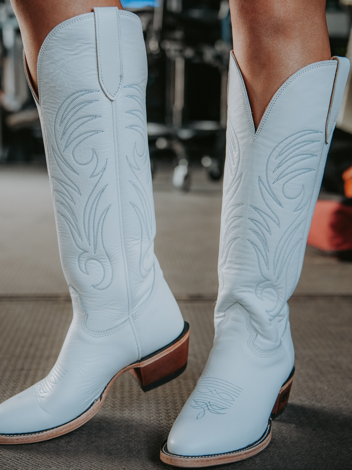 White Almond-Toe Embroidery Wide Mid Calf Tall Cowboy Boots For Women