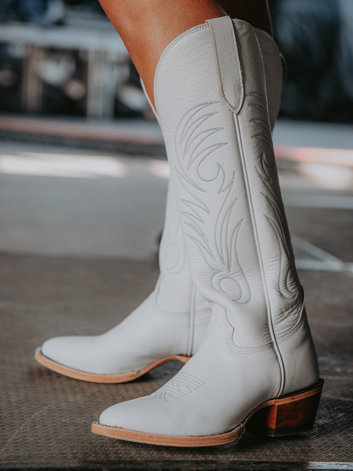 White Almond-Toe Embroidery Wide Mid Calf Tall Cowboy Boots For Women