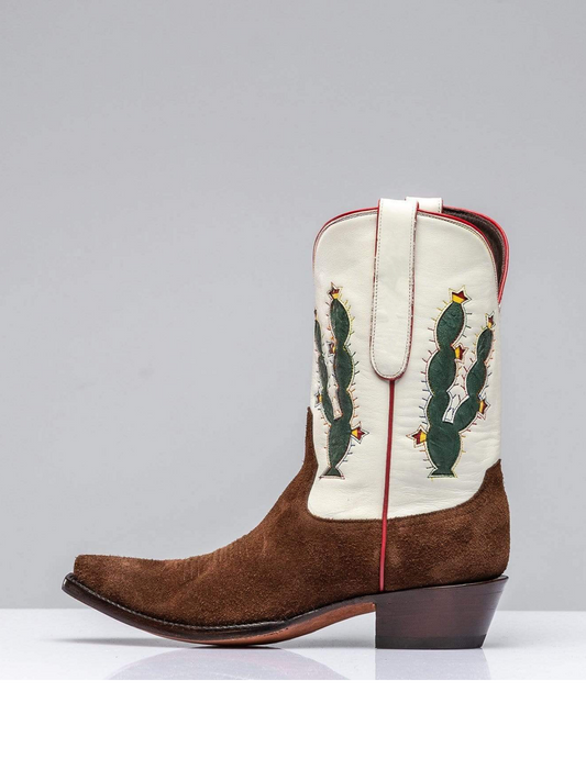 Contrast White And Chocolate Faux Suede Wide Mid Calf Cowgirl Boots With Cactus Inlay