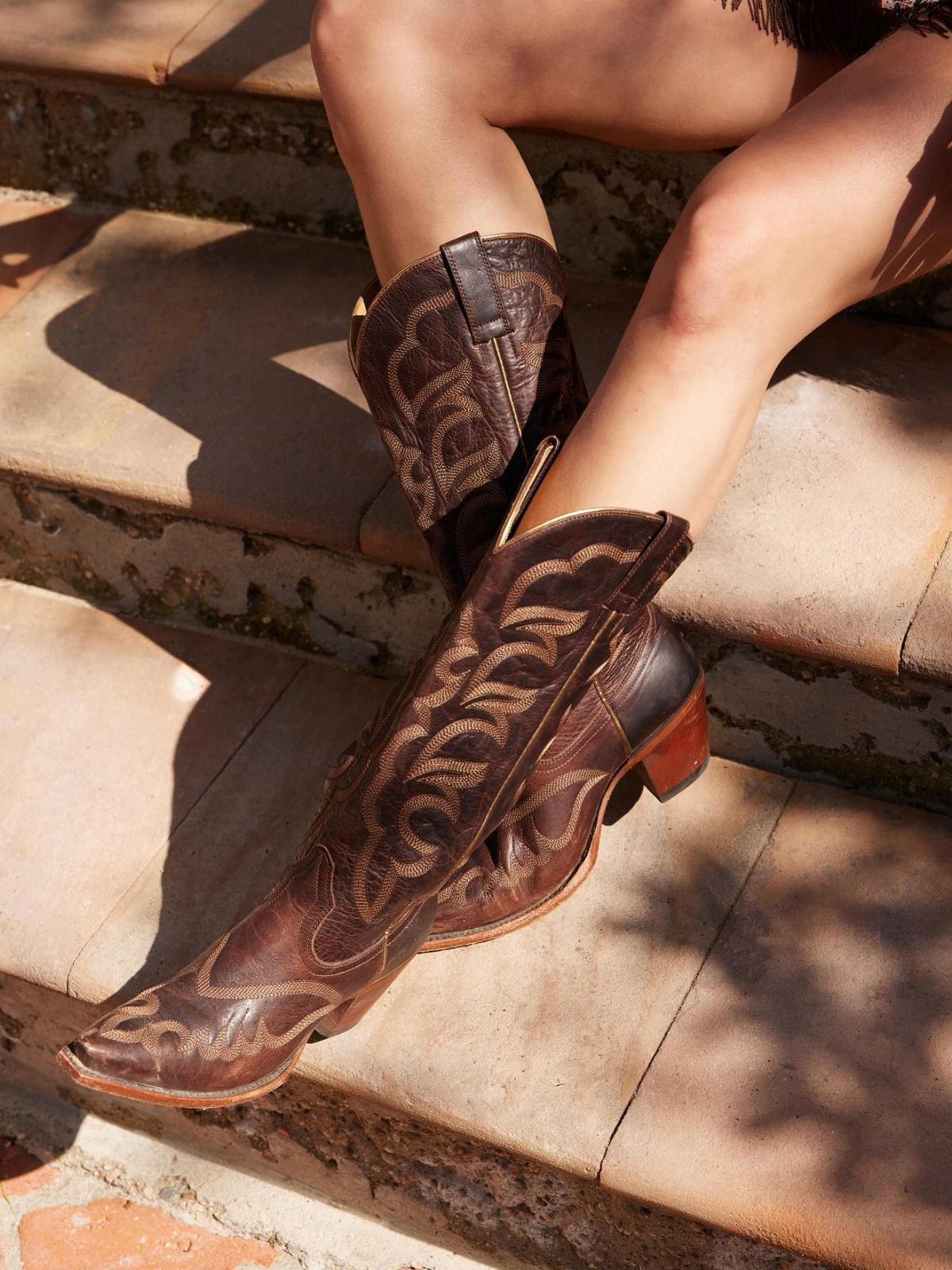 Brown Embroidery Snip-Toe Tall Wide Mid Calf Cowboy Boots For Women