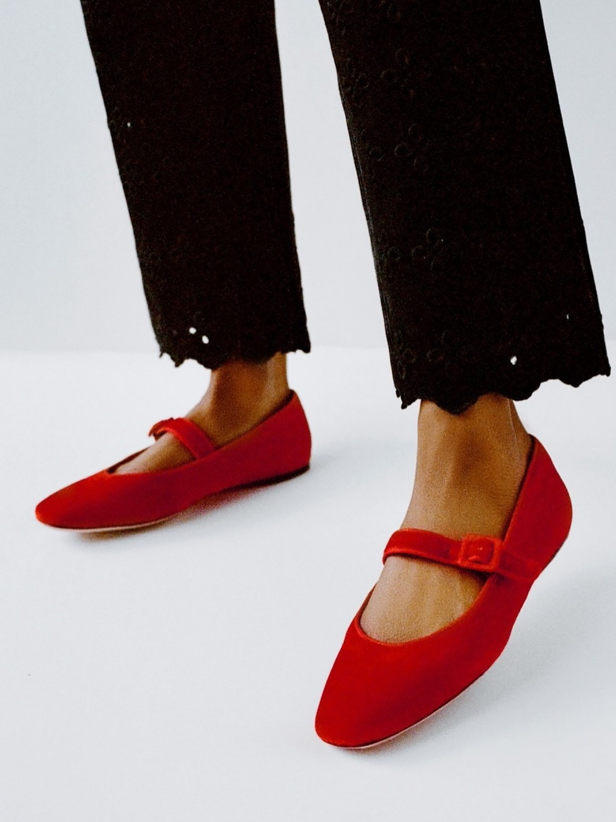 Red Velvet Square-Toe Adjustable Bridge Strap Mary Janes Ballet Flats