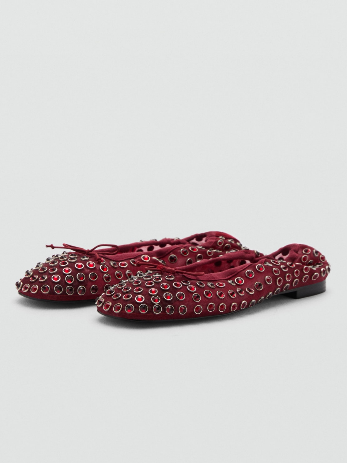 Burgundy Faux Suede Round-Toe Mesh Studded Ballet Flats