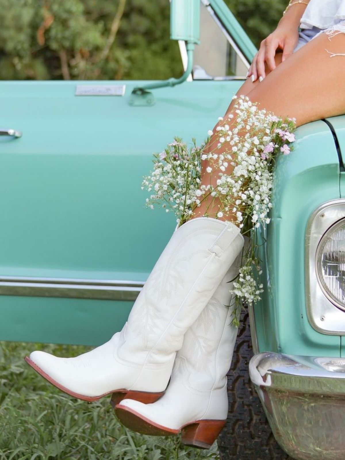 White Almond-Toe Fallen Leaves Embroidery Wide Mid Calf Tall Cowgirl Boots