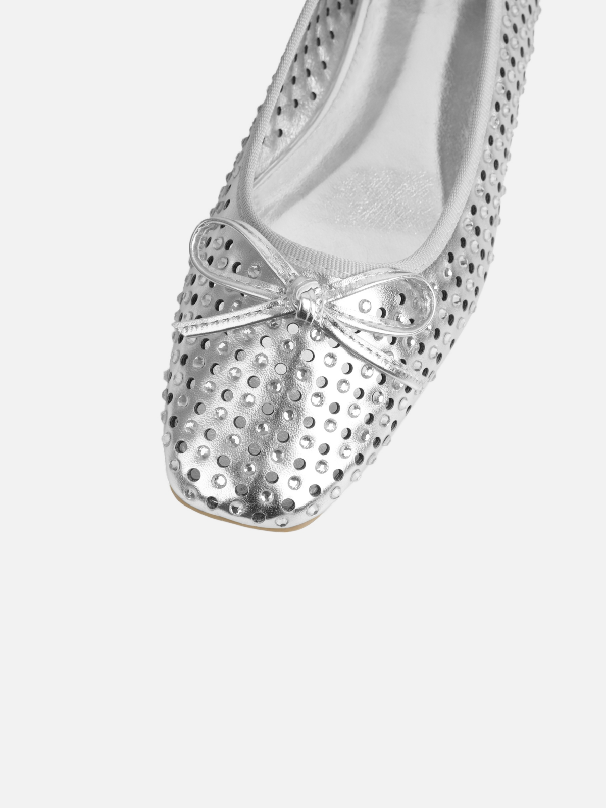 Metallic Silver Shiny Rhinestone Perforations Bow Ballet Flats