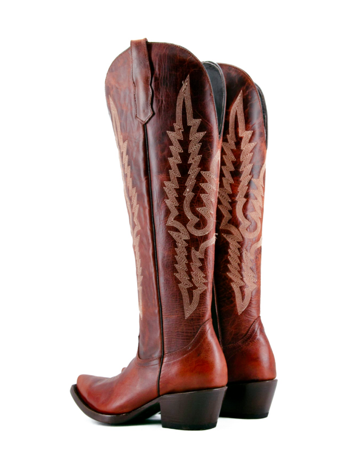 Classic Embroidery Distressed Snip-Toe Half-Zip Tall Knee High Cowgirl Boots - Brandy