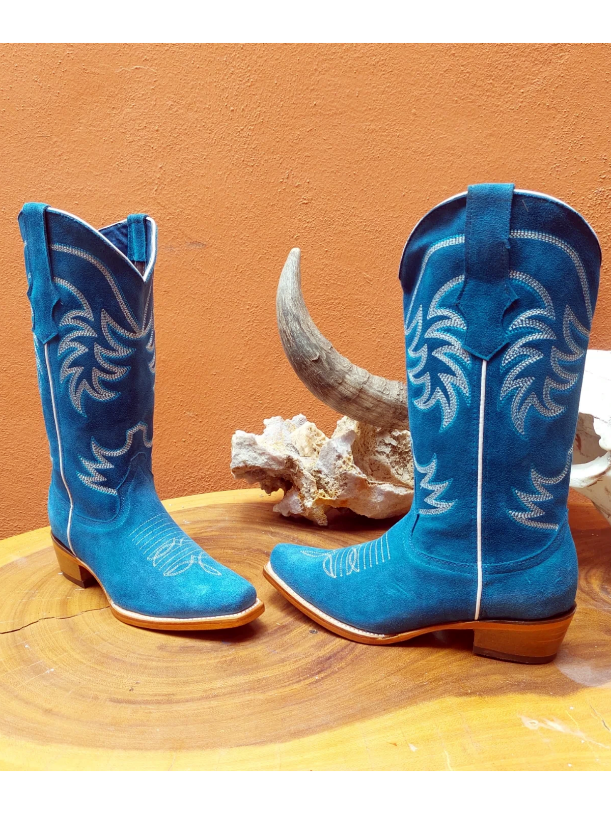 Blue Faux Suede Snip-Toe Classic Embroidery Tall Wide Mid Calf Cowgirl Boots