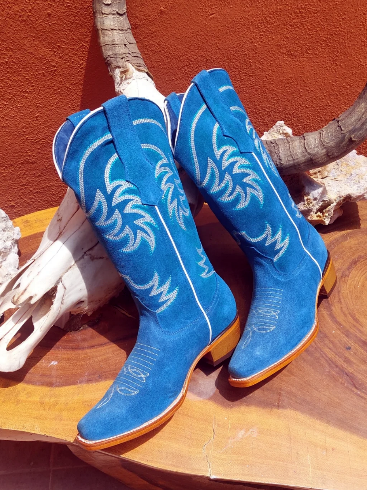 Blue Faux Suede Snip-Toe Classic Embroidery Tall Wide Mid Calf Cowgirl Boots