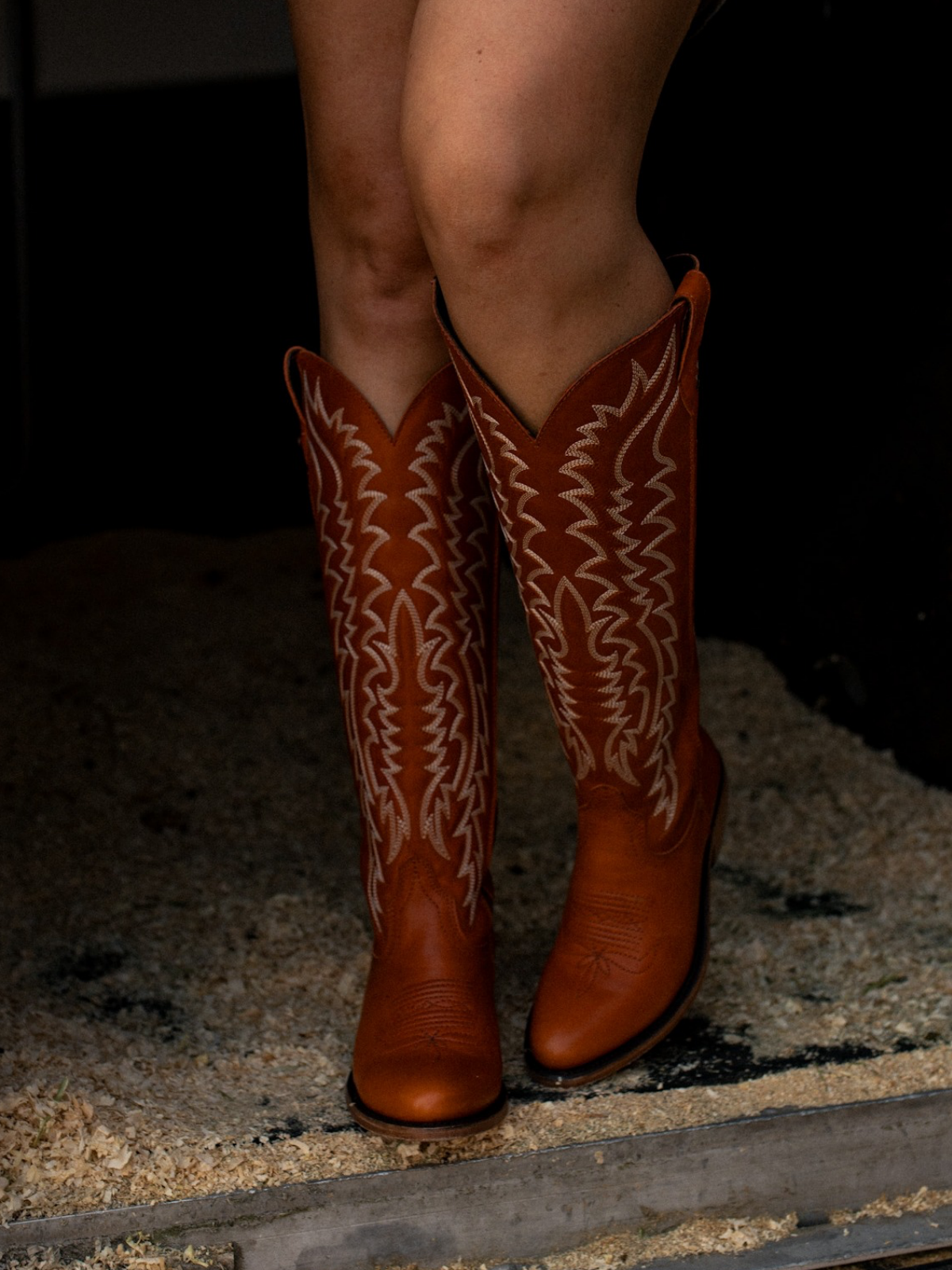 Full-Zip Almond-Toe Classic Embroidery Tall Knee High Cowgirl Boots - Brown