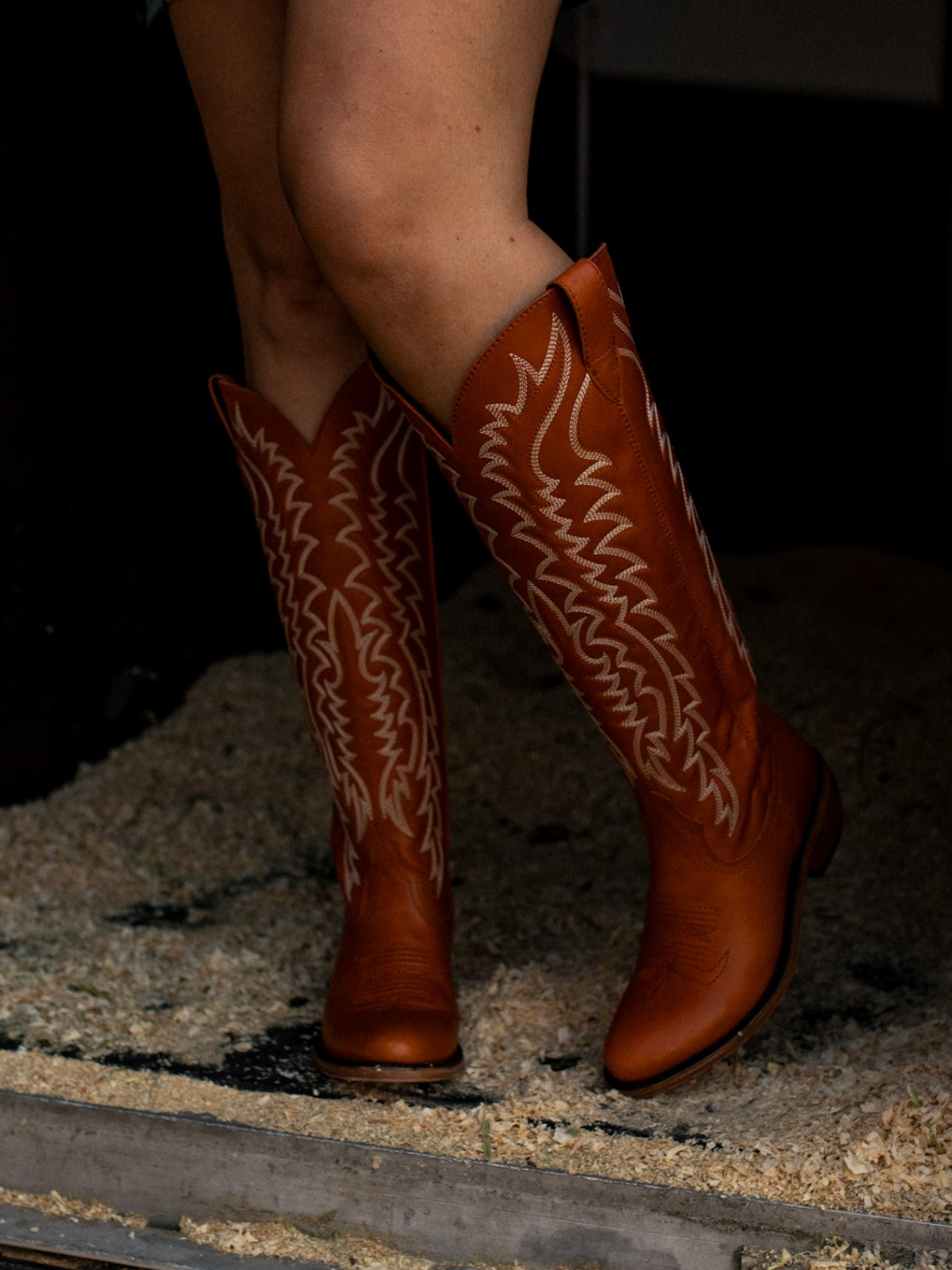 Full-Zip Almond-Toe Classic Embroidery Tall Knee High Cowgirl Boots - Brown