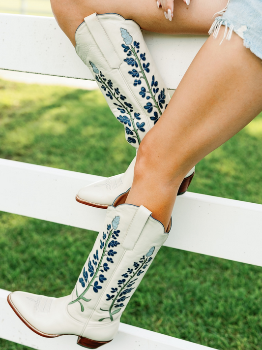 Ivory Almond-Toe Bluebonnet Inlay Wide Calf Tall Knee High Cowgirl Boots