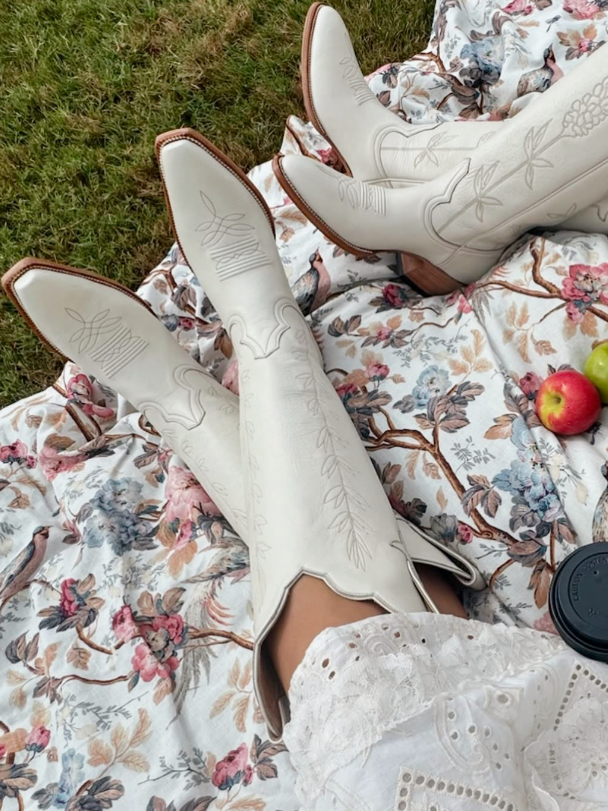 Snip-Toe Leaves Embroidery Wide Calf Knee High Cowgirl Boots - Ivory