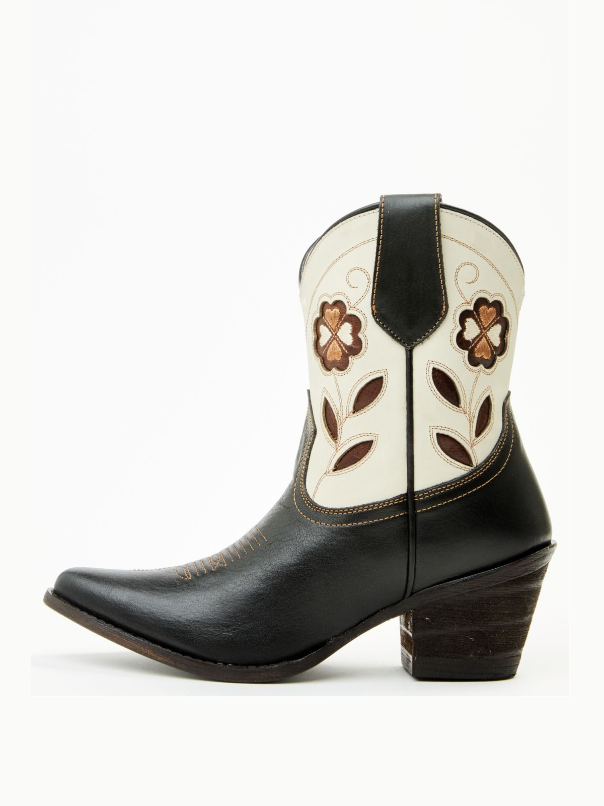 Contrast Black And Cream Almond-Toe Flowers Inlay Wide Mid Calf Cowgirl Boots