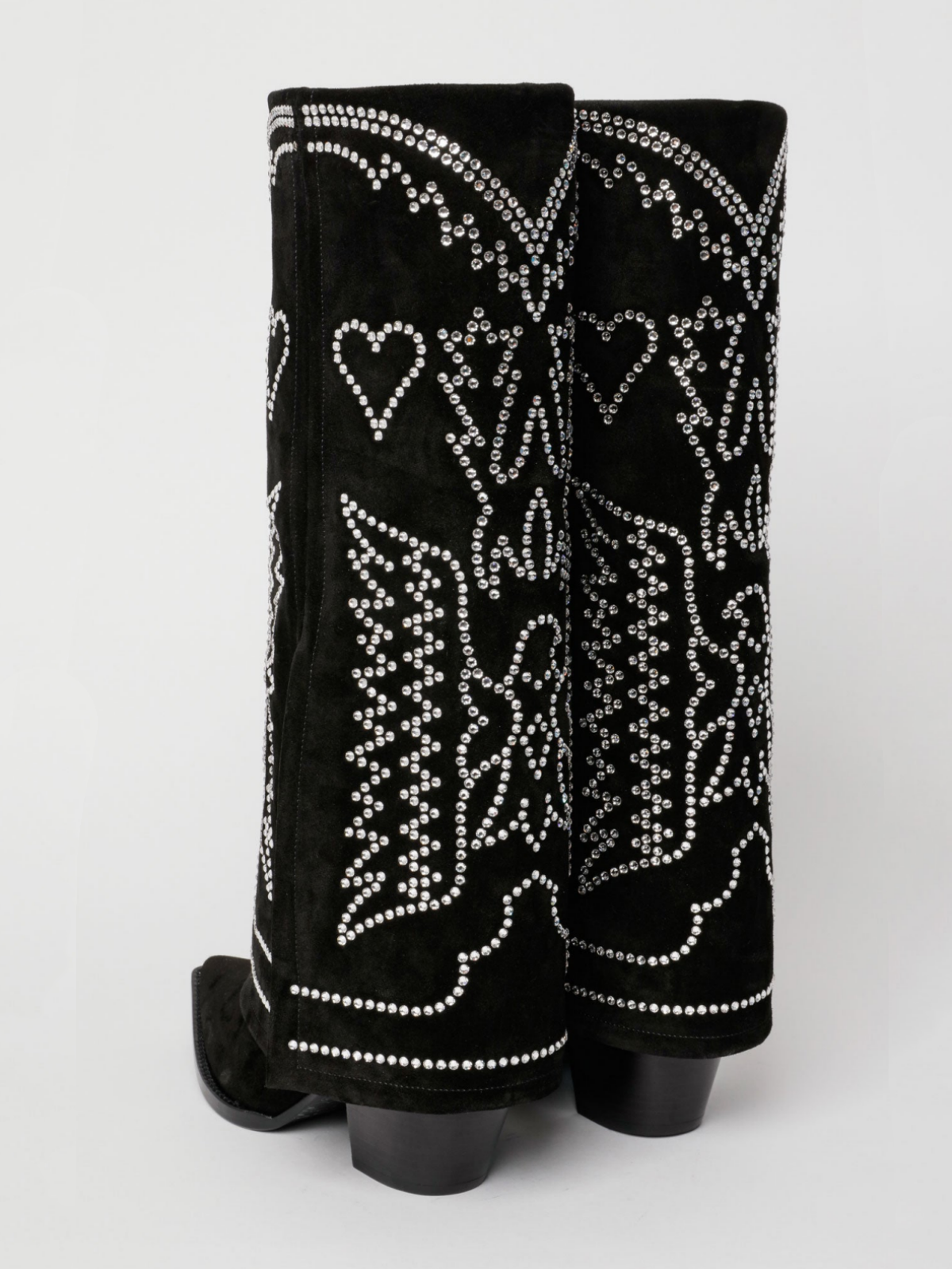 Fold-Over Panel Eagle And Heart Embroidered Rhinestone Snip-Toe Wide Mid Calf Boots - Black Faux Suede