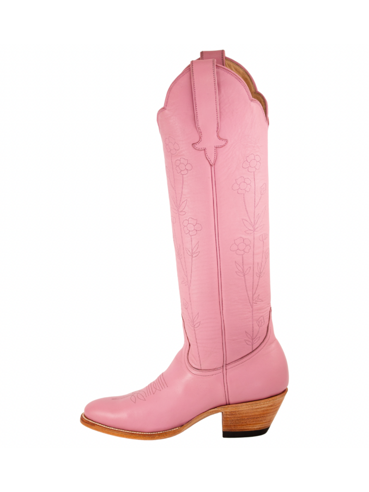 Almond-Toe Floral And Leaf Embroidery Wide Calf Knee High Cowgirl Boots - Pink