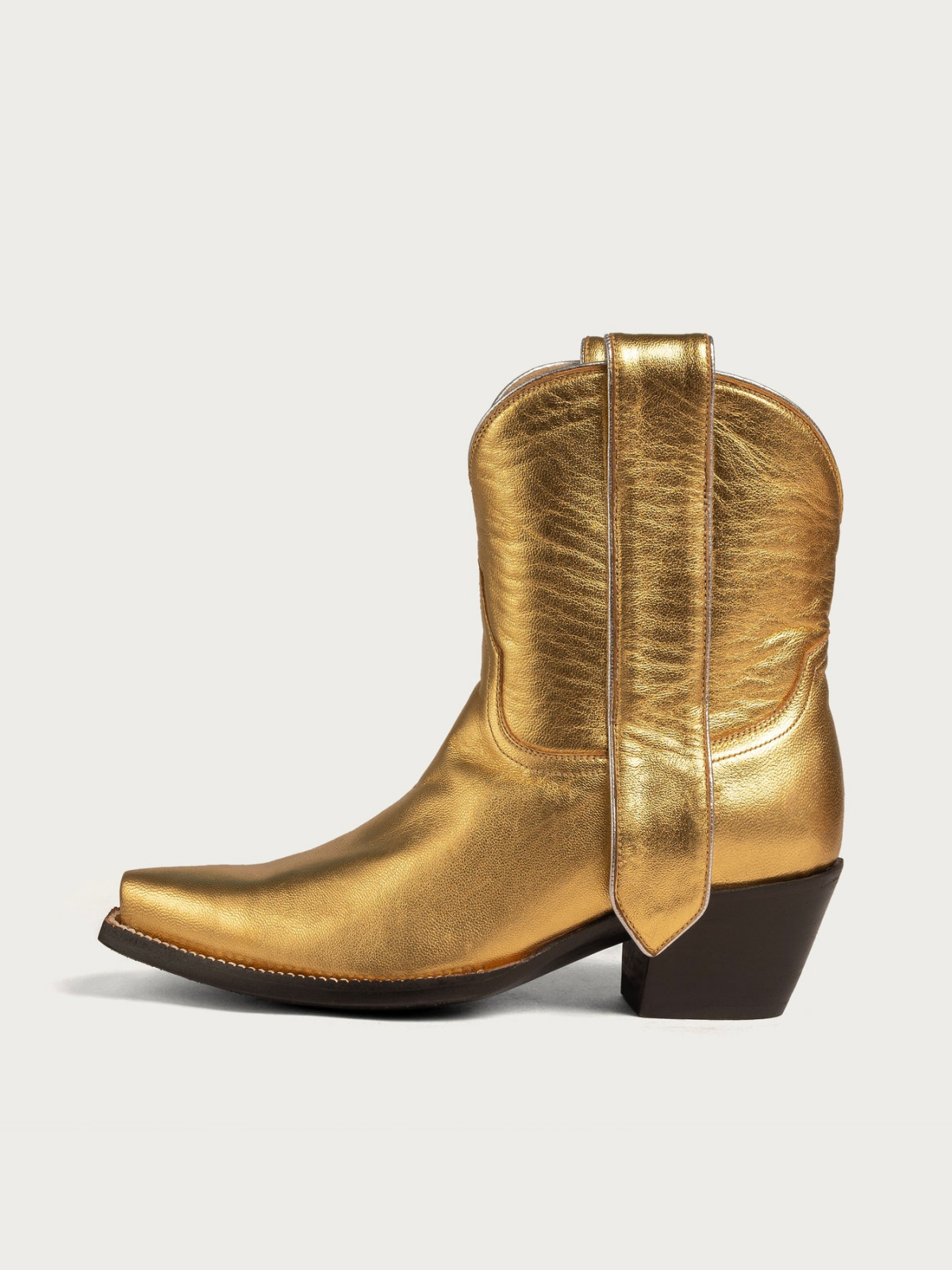 Metallic Gold Snip-Toe Elongated Mule Ear Pull Wide Mid Calf Boots