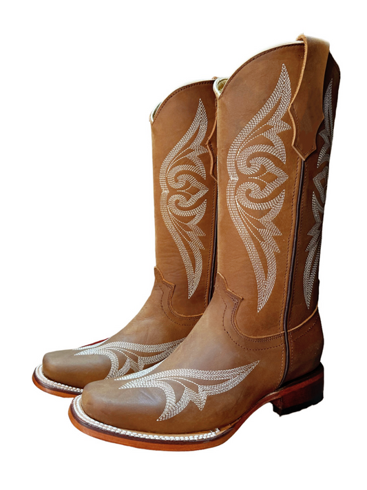 Tan Square-Toe Embroidery Wide Mid Calf Cowgirl Boots