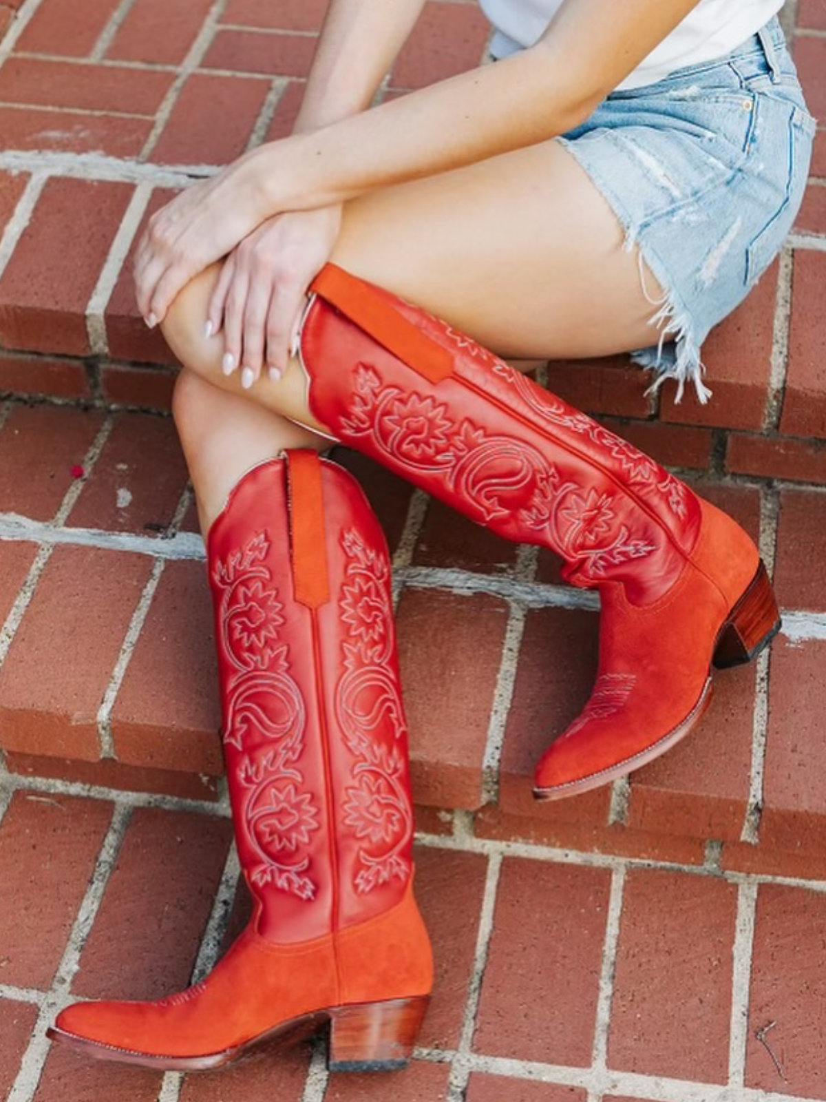 Red Floral Embroidery Faux Suede Almond-Toe Wide Calf Cowgirl Boots Knee High Tall Boots