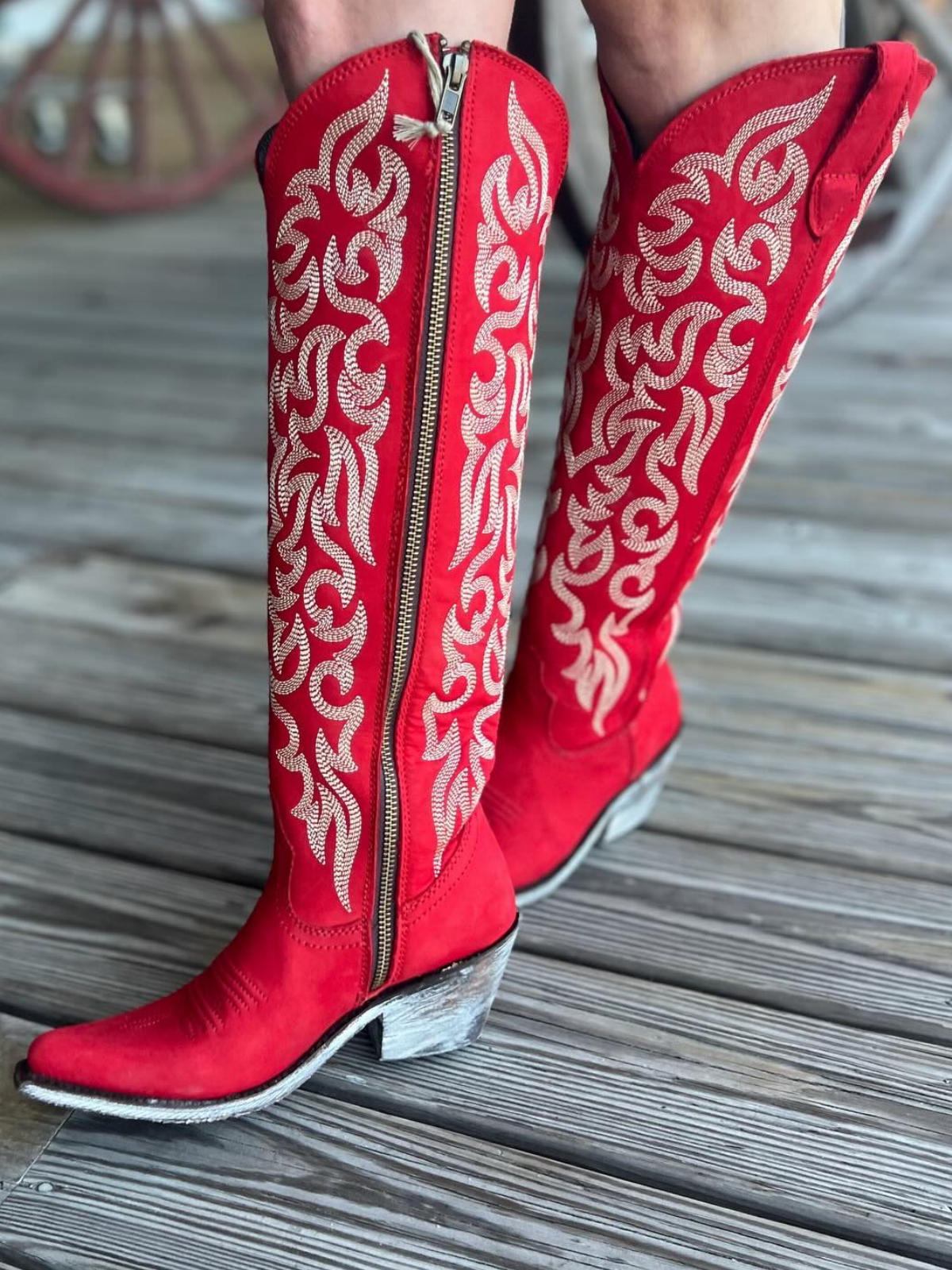 Embroidery Almond-Toe Full-Zip Knee High Tall Cowgirl Boots - Red