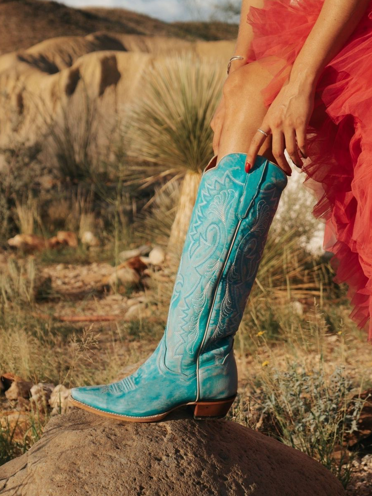 Sky Blue Snip-Toe Embroidery Half-Zip Tall Knee High Cowgirl Boots