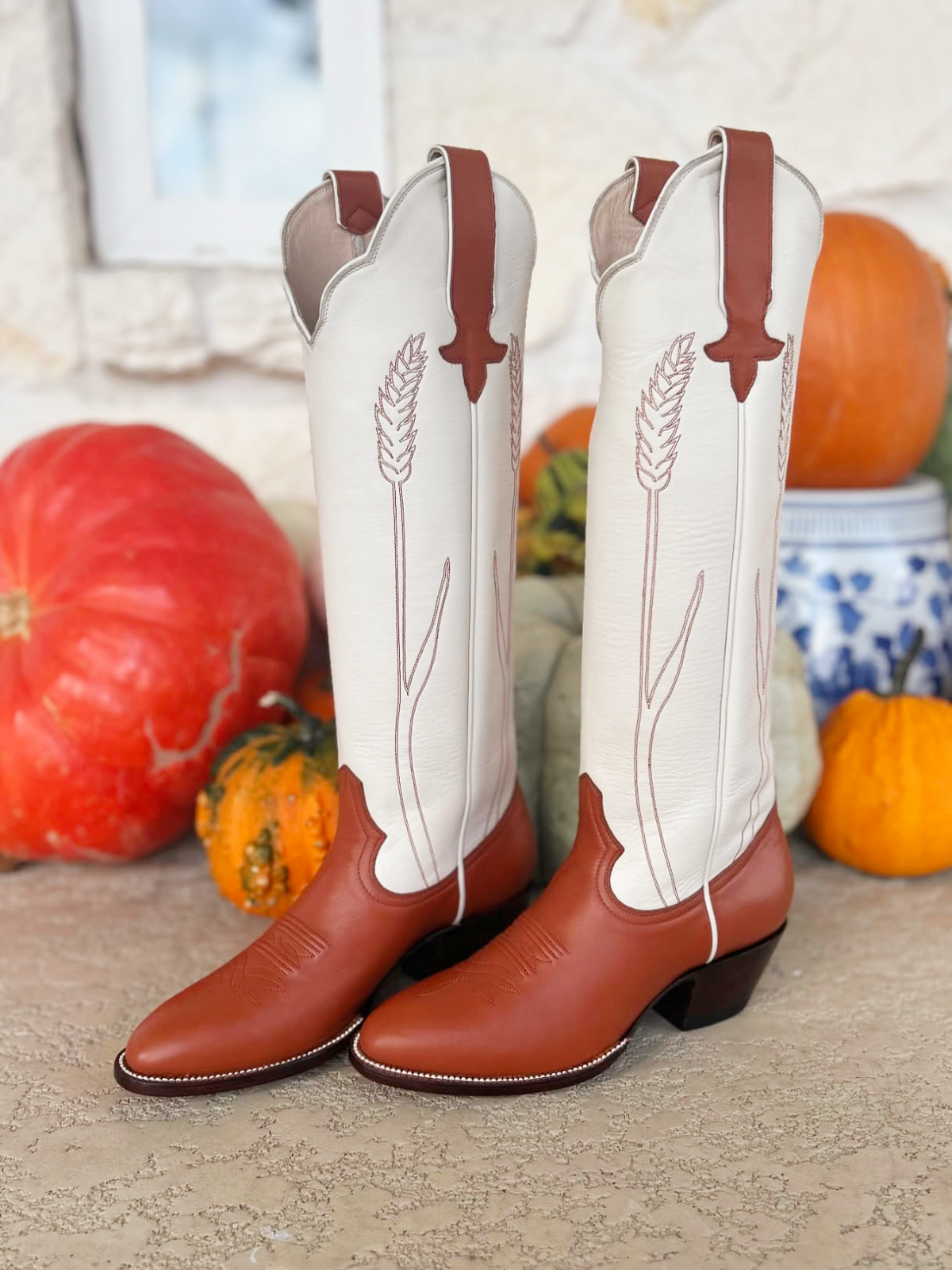 Contrast Ivory And Chestnut Almond-Toe Ear-Of-Rice Embroidery Wide Calf Knee High Cowgirl Boots