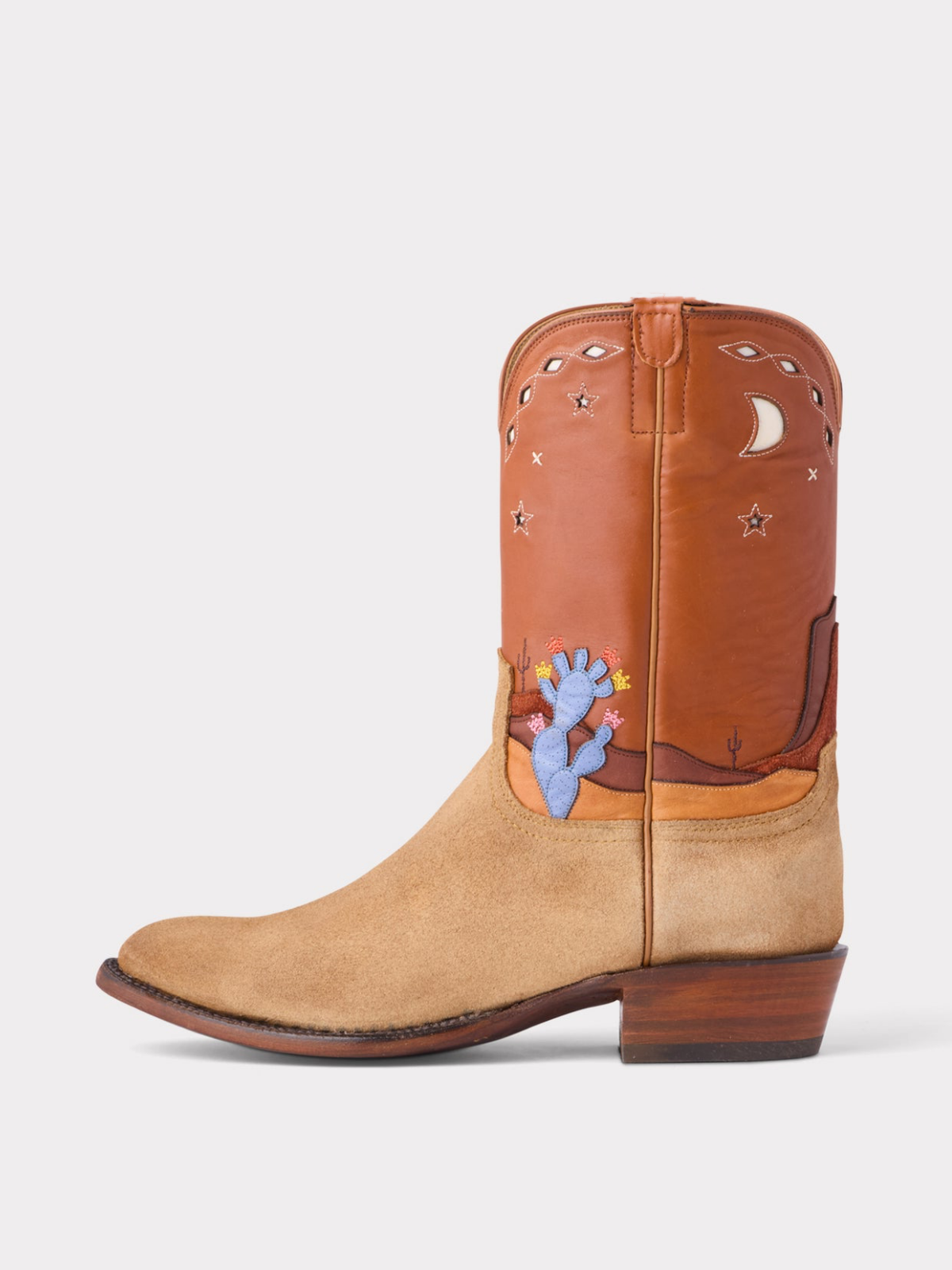 Sand Contrast Vegan Leather And Faux Suede Cactus Applique Moon Star Inlay Wide Mid Calf Cowgirl Boots