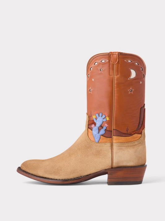 Sand Contrast Vegan Leather And Faux Suede Cactus Applique Moon Star Inlay Wide Mid Calf Cowgirl Boots