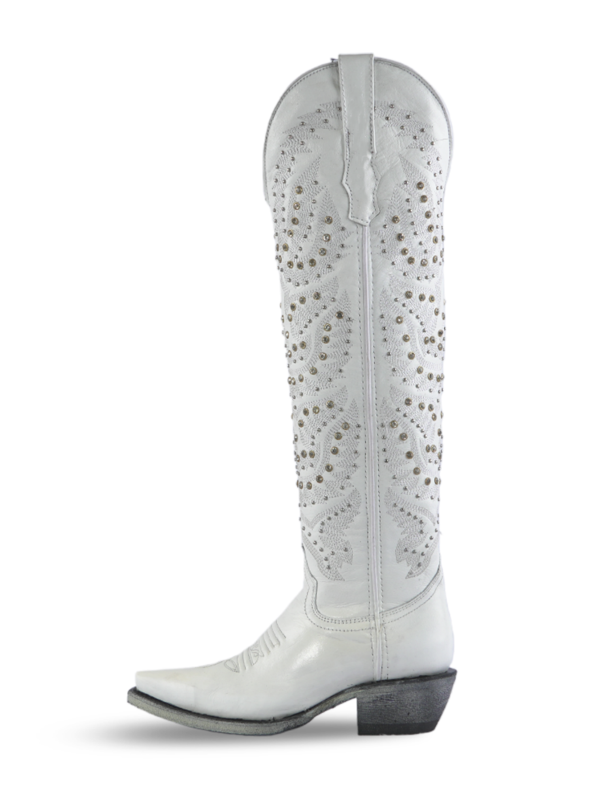 White Snip-Toe Embroidery Studded Rhinestone Wide Calf Over-The-Knee Cowgirl Boots