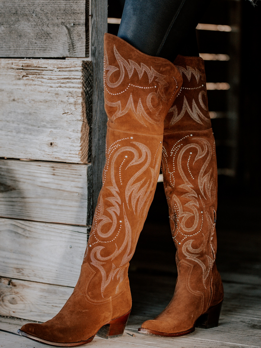 Brown Faux Suede Almond-Toe Half-Zip Embroidery Studded Tall Over-The-Knee Cowgirl Boots