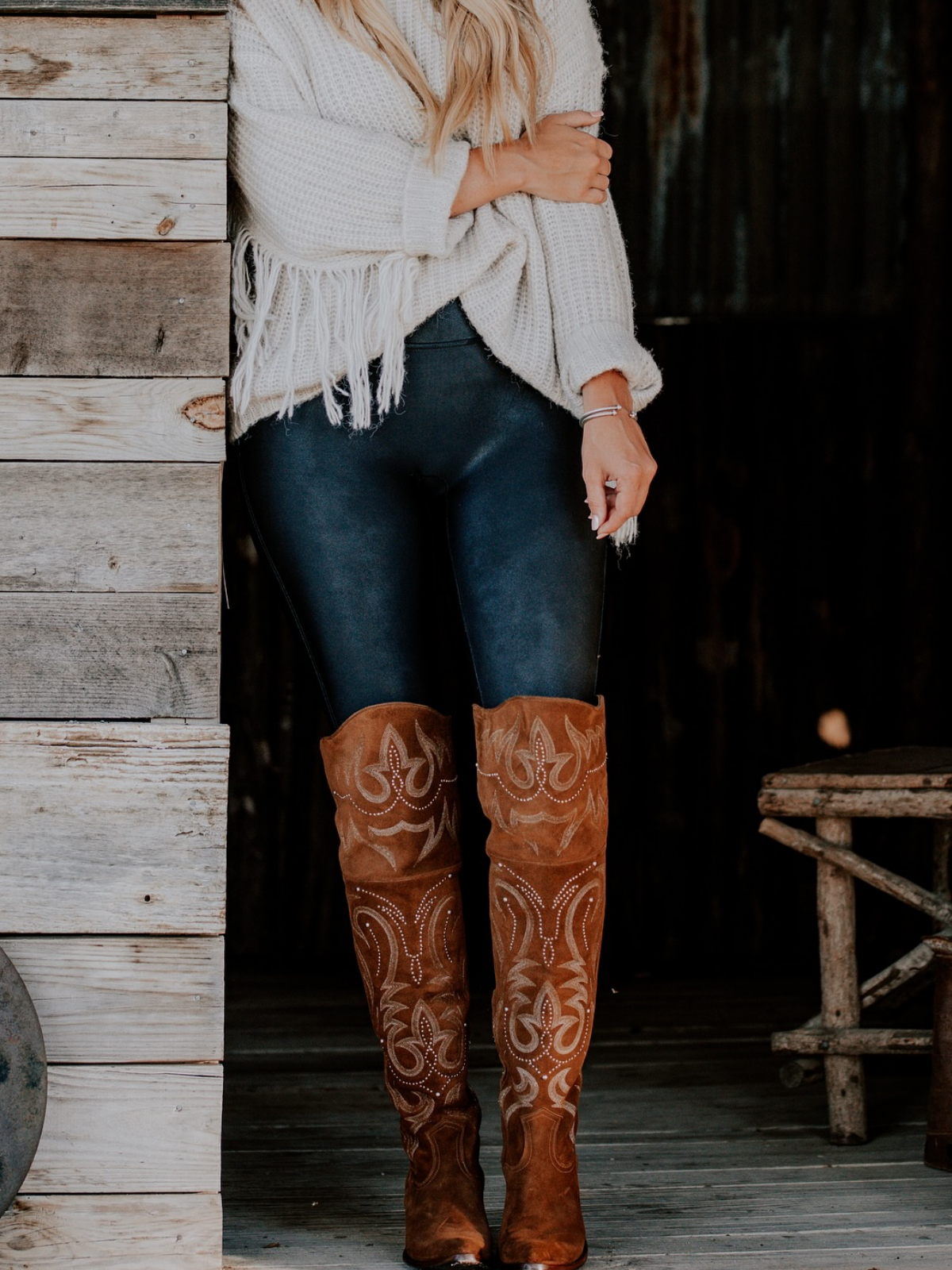 Brown Faux Suede Almond-Toe Half-Zip Embroidery Studded Tall Over-The-Knee Cowgirl Boots