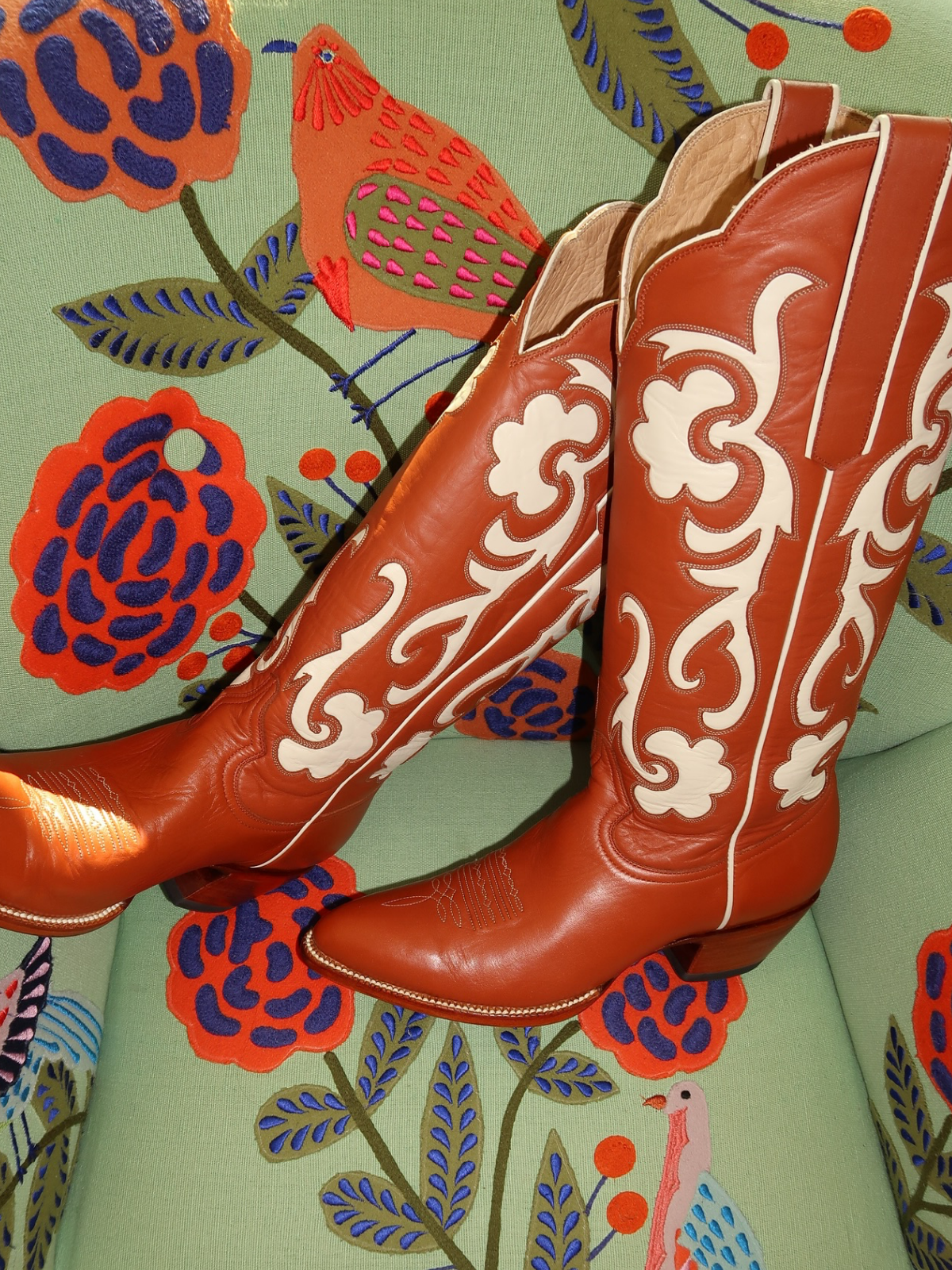 Orange Almond-Toe White Inlay Wide Mid Calf Tall Cowgirl Boots