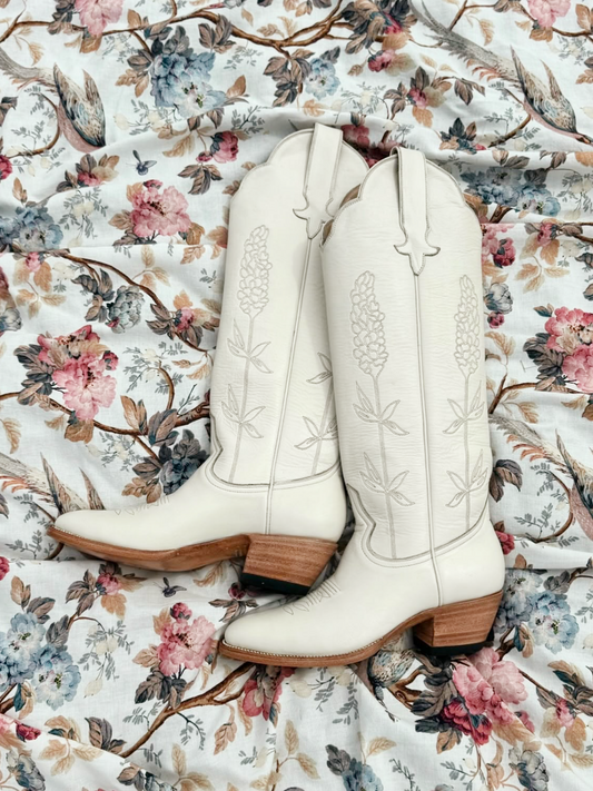 Almond-Toe Ear-Of-Rice Embroidery Wide Calf Knee High Cowgirl Boots - Ivory