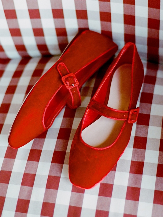 Red Velvet Square-Toe Adjustable Bridge Strap Mary Janes Ballet Flats