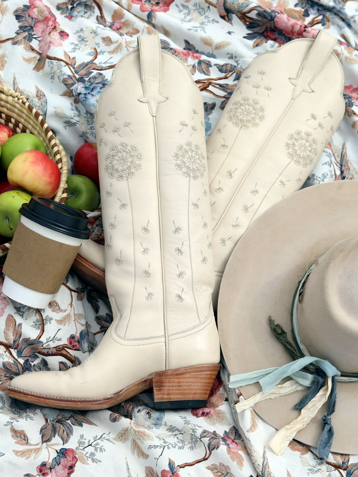 Bone Almond-Toe Dandelion Embroidery Wide Calf Knee High Cowgirl Boots